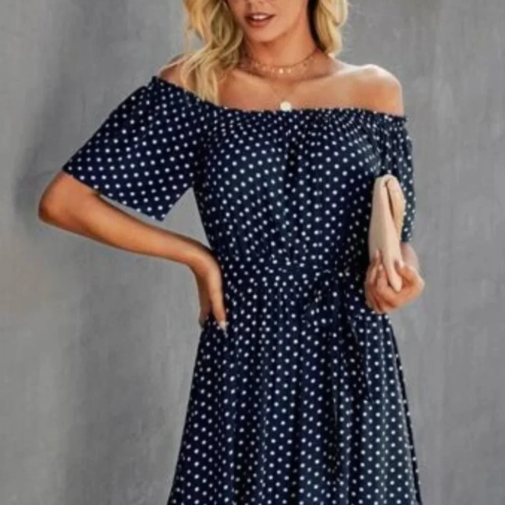 Boho polka-dot shoulder ruffle maxi dress blue - Picture 4 of 6